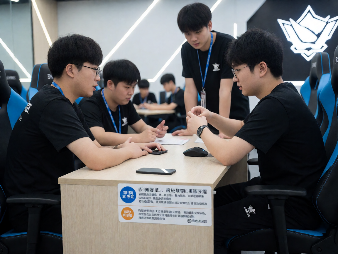 电竞俱乐部基地内部场景，选手们正在进行团队战术讨论